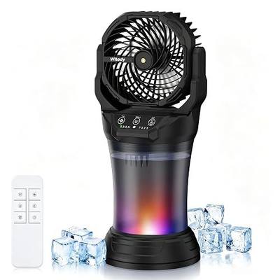 Wilody Misting Fan Portable Camping Fan Battery Powered with Remote Control, RGB Ambient Light with 2L Bucket, Battery Indicator, 120° Auto Oscillating, Timing Function, Grip Handle(Black)