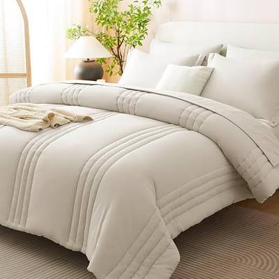 CozyLux Queen Comforter Set Beige - 7 Pieces Bed in a Bag, Modern Vertical Quilted Room Decor, Soft All-Season Bedding Gift with Comforter, Sheets, Pillowcases & Shams