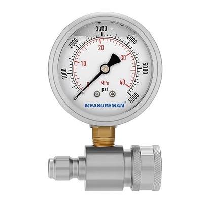 Measureman Pressure Washer Gauge Kit, 2-1/2 Inch, 6000 PSI, 3/8 Inch Stainless Steel Quick Connect, Liquid Filled Design