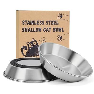 4-Pack 304 Stainless Steel Cat Food Bowls, Shallow Whisker-Friendly Non-Slip Silicone Base Metal Dishes, Easy to Clean Indoor Water Flat Plates for Cat, Kitten, Small Dog (5.9")