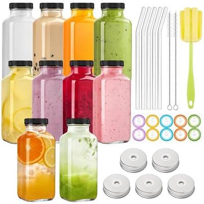TUZAZO 10 Pack 8 Oz Glass Juice Bottles with Lids, Reusable Travel Drinking Jars Containers for Juicing, Smoothies, Kombucha, Milk, Coffee with Brush, Straws, and Lids with Hole