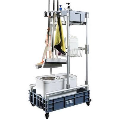 Rolling Cleaning Cart with Mop & Broom Organizer , Convenient Storage Cart for Janitorial Supplies, Tools, and Cleaning Equipment , Floor Cleaning Station with Wheels for Housekeeping, Garage &Garden