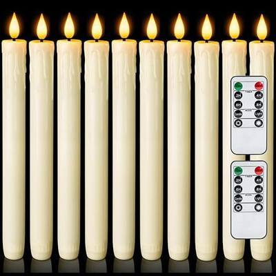 Homemory 12 Pcs Real Wax Flameless Taper Candles with Remote Timer and Dimmer, Battery Operated Candlesticks with Flickering Light, Ivory Window Candles, 9.6 Inches for Wedding Home Decor