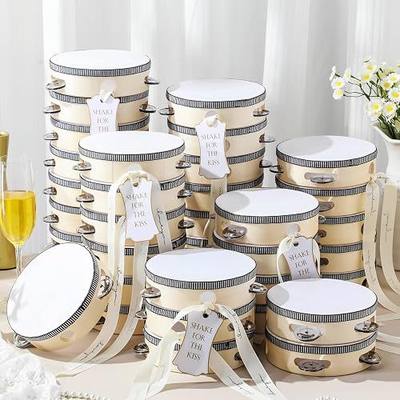 36 Set 4 inch Wedding Tambourines Bulk for Adults Wooden Hand Held Drum with Metal Jingles, Gift Tags, White Tambourine Gift Musical Instrument for Church Wedding Party Favor
