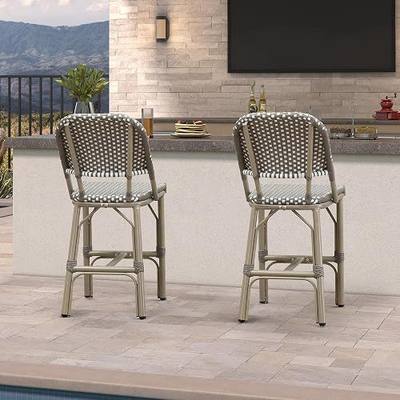 PURPLE LEAF 25" French Outdoor Bar Stools Set of 2, Grey Oak Finish, Grey | Hand-woven PE rattan breathes freely for cool airflow, drains rain quickly without puddles, and resists sagging over time.