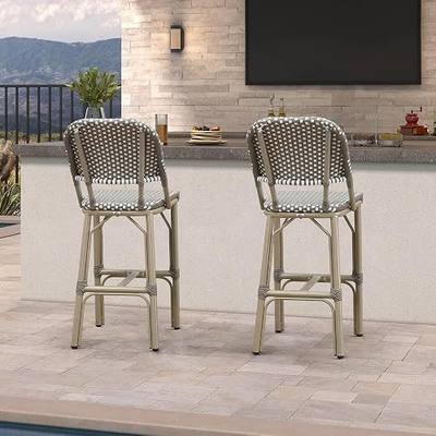 PURPLE LEAF 29" French Outdoor Bar Stools Set of 2, Grey Oak Finish, Grey | Reinforced 1.38" aluminum tubes support up to 250 lbs without bending, delivering rust-free stability for outdoor use.