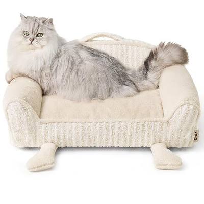 EHEYCIGA Washable Dog Beds for Small Dogs 24 Inch - Striped Cat Couch for Indoor Cats with Removable Cover, Shredded Memory Foam Waterproof Puppy Bed with Non - Slip Bottom, Cream