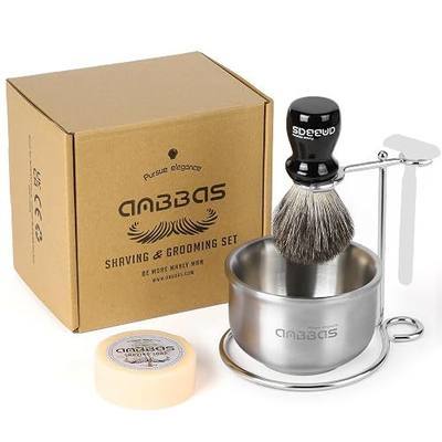 Anbbas Badger Hair Shaving Brush,Stainless Steel Stand Holer for Razor and Brush, Shaving Soap and Bowl,4in1 Kit for Men Wet Shave