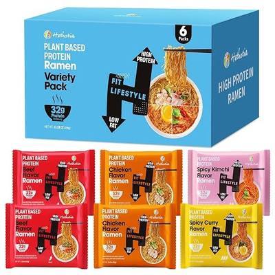 Hethstia High Protein Ramen Noodle Variety 6 Pack, 32g Plant-Based Protein | Instant Protein Noodle Soup (Chicken, Beef, Kimchi, Curry), Vegan, Non-Fried, Low Fat, Ideal for Lunch, Dinner, Post-Workout