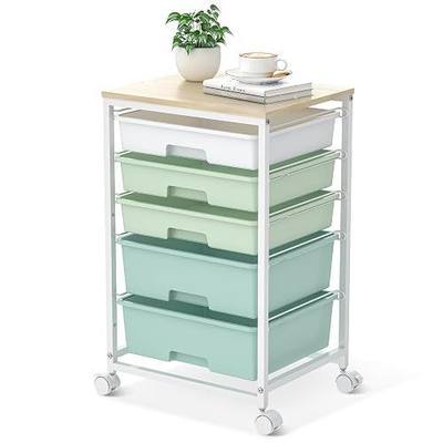 SYKIARIOL Utility Cart with 5 Drawers,Storage Cart with Wooden Tabletop and Lockable Wheels,Craft Storage Trolley Organizer,5-Tier Rolling Utility on Wheels,Light Green