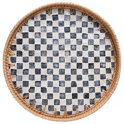 14'' Round Rattan Tray, Home Decor with Mother of Pearl Inlay, Terrekraft | Handcrafted Rattan with Shell Inlay, Wipe-clean, Boho Farmhouse Coastal Decor, Ideal for Coffee Table Ottoman Vanity Bedside
