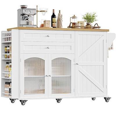 FINETONES 52" Kitchen Island with Storage, Rolling Kitchen Carts on Wheels | Kitchen Island on Wheels with Drop Leaf Countertop, Island Table Bar Cart with Spice Towel Rack Portable Kitchen Table, White