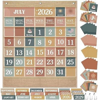 Sinload Classroom Calendar Pocket Chart Set Calendar Bulletin Board Set Seasons Festival Weather Pocket Chart for Classroom Decoration Back to School Supplies(Modern Boho,Linen Color)