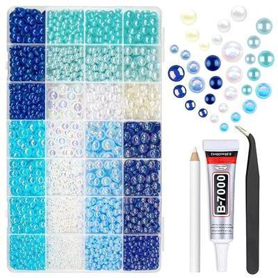 qiipii 28 Types Blue Flatback Pearls w B7000 Jewelry Glue for Bedazzling Crafting 3mm 4mm 5mm 6mm 8mm 10mm Flatback Colorful AB Half Pearls Charms for Nails Face Eyes Makeup Crafts Tumblers Bottles