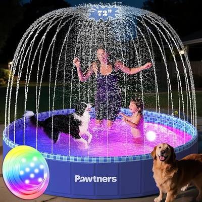 Pawtners 72'' Foldable Dog Pool for Large Dogs, 3 in 1 Portable Kids Swimming Splash Pool with Sprinkler & Light, Non-Slip Heavy Duty Hard Plastic Pet Bathing Tub for Outdoor Backyard