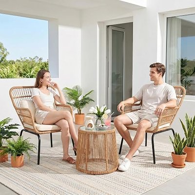 3 Piece Outdoor Wicker Furniture Bistro Set, Rattan Chairs Conversation Sets Wicker Patio Furniture for Balcony Poolside Backyard, Yellow/Beige