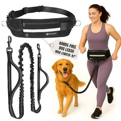 Hands Free Dog Leash with Waist Pouch, Reflective Bungee, Dogs Up to 100 lb | Adjustable 25-45 in belt, dual padded handles and lightweight pouch for walking, running, hiking and training dogs, black