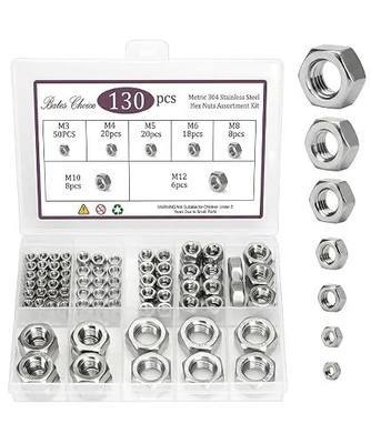 Bates- Metric Hex Nuts Assortment Kit, 7 Sizes, 130 pcs, Stainless Steel, M3 M4 M5 M6 M8 M10 M12, Hardware Nuts