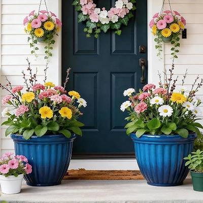 Autodaya 15" Large Planters for Outdoor Plants Set of 2 Plastic Flower Pots | Gradient Blue Finish and 3D Textures, Drainage Hole, Weather-Resistant Plant Pots for Porch Garden Patio Yard or Indoor Use
