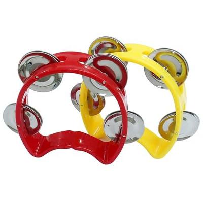 Jiozermi 2 Pcs Plastic Percussion Tambourines, Red/Yellow | Handheld, 4 Jingle Bell, Mini Hand Bell Percussion, For Adults, School and Party