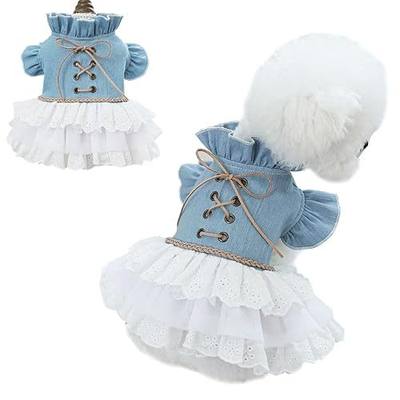 Girl Dog Denim Dress with Flared Sleeves Dog Jeans Jacket Blue White Puppy Clothes for Small Dogs Cat Apparel Cake Skirt Pet Outfit (Blue, Medium)