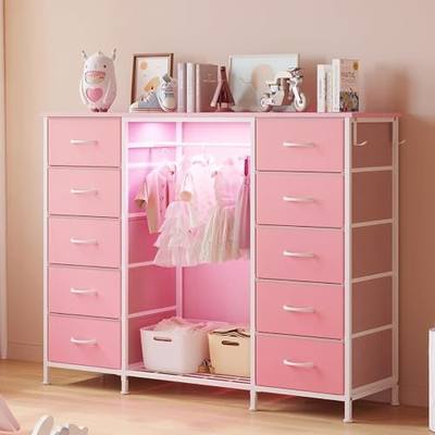 LUMTOK 55"W Dresser with Hanging Rack,10 Fabric drawers & Hooks for Bedroom | Pink 10 Drawers Dresser with LED Lights, Charging Station,chest of drawers with wooden top for clothing storage organization