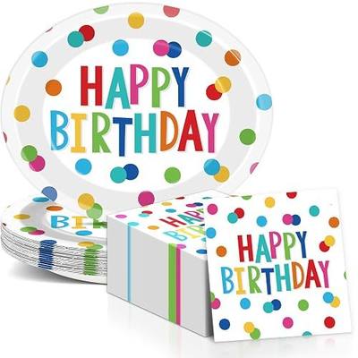 Birthday Party Oval Paper Plate 11inch Large Happy Birthdays Plates and Napkins, Colorful Dots Party Decoration Favor Dish Tray for Bday Baby Shower Holiday Gathering Supplies Tableware, 25 Guest