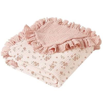 Konssy 100% Cotton Muslin Baby Blanket with Ruffle Trim for Girls, 43"x39" | Reversible Design, Ultra Soft & Lightweight, for Swaddling, Crib, Stroller & Nursery Use, from Newborn to Toddler (Blossom)