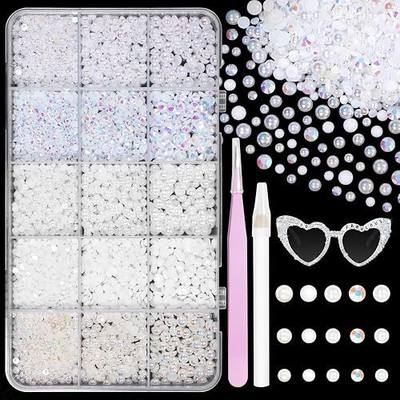 12000Pcs White Flatback Pearls and Jelly Rhinestones for Crafting for DIY | Mixed Size 3-5mm Resin Rhinestones White Half Pearl Bedazzling Gems for Nail Crafts Bottles Tumblers Clothes Makeup