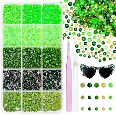 12000Pcs Green Flatback Pearls and Jelly Rhinestones for Crafting for DIY | Mixed Size 3-5mm Resin Rhinestones Half Pearl Bedazzling Gems for Nail Crafts Mugs Bottles Tumblers Clothes Makeup