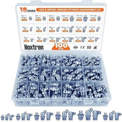 100PCS Grease Fittings Assortment, 18 Essential Sizes SAE & Metric Zerk Grease Fittings Kit– Includes UNF NPT 1/4" 1/8" M6 M8 M10, Straight 45 90 Degree for Grease Guns