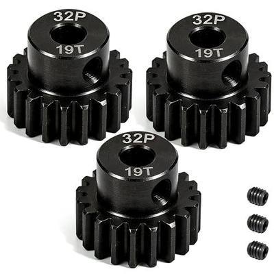 32P 19T RC Car Gear Set | 45# Steel Black Oxide | 5mm Bore +0.03mm | Precision Engineered Motor Pinion Gear Compatible with Traxxas/ARRMA/HPI/Kyosho (3-Pack with M4 Set Screws)