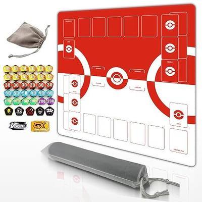 Trading Card Game Playmat – 2-Player Trainer Mat with 37 Damage Counters and Professional Storage Bag (Red)