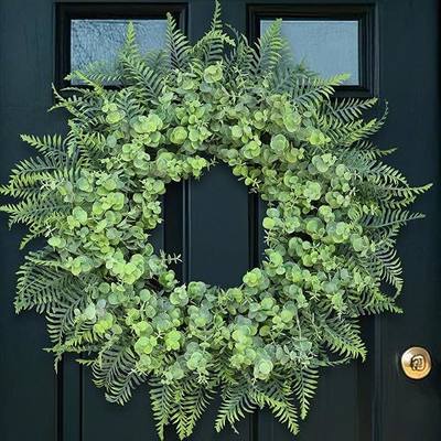 26" Large Artificial Eucalyptus and Boston Ferns Wreath (Gray-Green) | Fake Greenery Outdoor Wreath, Lifelike and Full, for Front Door/Porch/Window/Farmhouse/Wall/Outdoor/All Seasons Decoration