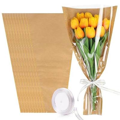 DIYASY 50 Pcs Flower Wrapping Bags for Bouquets, Kraft Paper Floral Packing Sleeves with Ribbons Florist Wrap Supplies for Wedding Mother's Day Graduation Gift 9.8x3.9x17.9 Inch