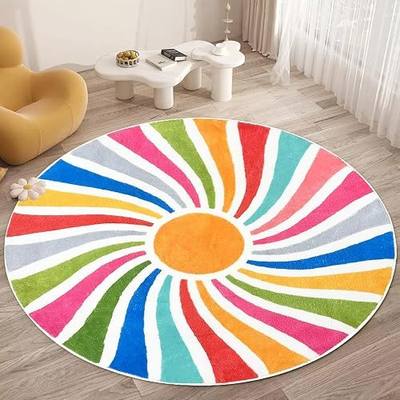 Boho Kids Round Rug Non-Slip Washable Round Kids Area Rug for Playoom Cute Colorful Sun Circle Rugs for Nursery Classroom Playroom Bedroom (Sun, 4 Ft Round)