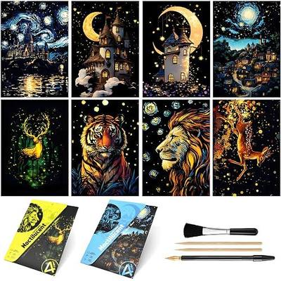 Glow in The Dark Scratch Art Kit - 8 Sheet Rainbow Scratchboards(A5) | Creative Engraving Craft Supplies for Teens & Adults | DIY Projects & Sketching Activity | ASMR Stress-Relieving(Castles/Animals)