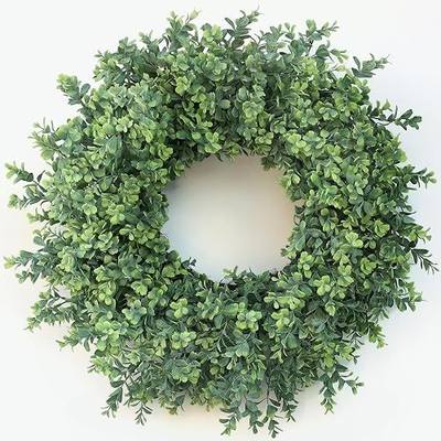 26" Artificial Boxwood Wreath Fake Plant for Front Door Decor(Green) | Large Boxwood Leaves Greenery Outdoor Wreath, for Window Farmhouse Wall Home Decor-Spring Summer All Seasons