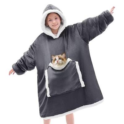 JOYWOO Wearable Blanket Hoodie,Oversized Cat Lovers Sweatshirt Blanket for Adult & Teens,Birthday Gifts for Teen Girls Boys Women 8-12,Cozy Sherpa Sweatshirt Blanket Giant Pocket Gifts,Grey Small