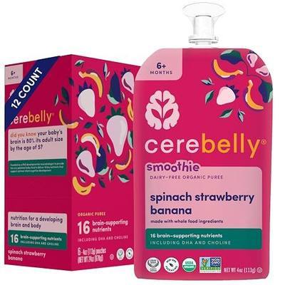 Cerebelly Organic Baby Food Pouches, Spinach Strawberry Smoothie, 12ct | 16 Brain Nutrients, Iron, Zinc, Non-GMO, BPA-Free, No Added Sugars, Stage3&4, Shelf-Stable, Nut-Free, Dairy-Free, Gluten-Free