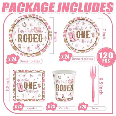120pcs My First Rodeo Party Supplies Western Cowgirl Plates Napkins 1st Rodeo Tableware Set Paper Cups Pink Forks Western Birthday Party Decorations for Wild West Cowgirl Celebrations 24 Guests