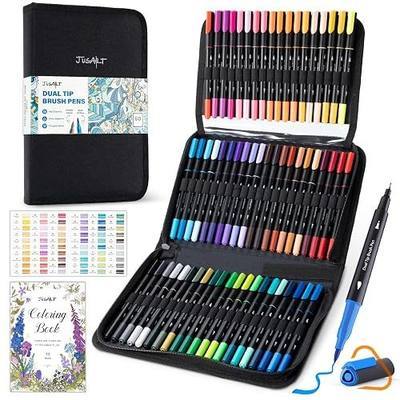 JusArt Markers for Adult Coloring Books No Bleeding, 60 Colors | Dual Tip, Triangle Grip, Fine & Brush Tips, Water-Based, 33% More Ink, With 200gsm Coloring Book, Storage Case, 6 Spare Tips