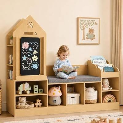 Xilingol Kids Reading Nook with Storage Bench and Chalkboard, Wooden Kids Bookshelf and Toy Storage, Toy Organizer for Boys & Girls, Toddler Reading Nook for Bedroom, Nursery, Playroom, Natural Oak