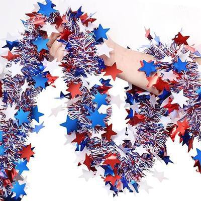 4th of July Garland Decorations,50Ft Glitter Tinsel Patriotic Decor for Tree Car Golf Cart Parade Float Bike Party Table Yard Door Boat Indoor Outdoor Holiday Home