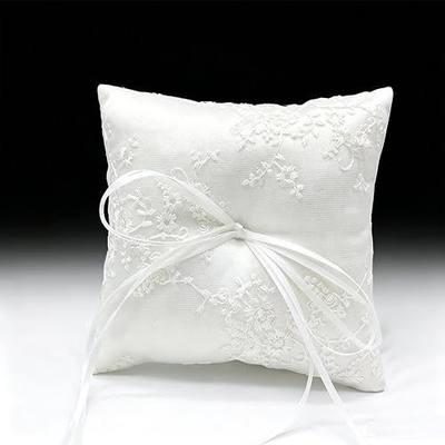 Wedding Ring Bearer Pillow, White Satin with Floral Lace Embroidery and Ribbon Bow, Square 6 x 6 inches for Beach Proposal Ceremony Party