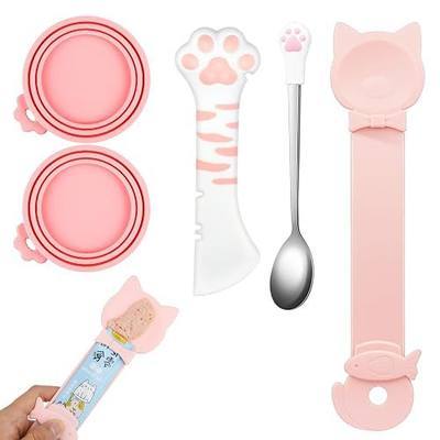 5 PCS Cat Food Can Covers Lids Set, Silicone Pet Food Can Lids with Multi-Function Cat Food Spoon and Opener, Cat Bar Squeezer, Stainless Steel Wet Food Spoon for Cats and Dogs (Pink) (Pink)