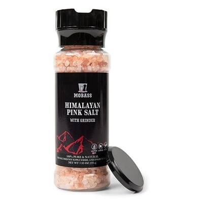 Mobass Himalayan Pink Salt Grinder 8 Oz | Premium Natural Rock Salt, Unrefined & Non-GMO | Refillable Bottle | Rich in 84+ Trace Minerals | Perfect for Dining Tables and Everyday Cooking