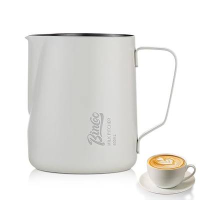 Milk Frothing Pitcher - 600ml/20oz Milk Frother Cup Espresso Steaming Pitcher for Barista, Bincoo SUS304 Stainless Steel Espresso Steaming Pitchers for Latte Art/Cappuccino/Coffee/Milk (White-600ml)