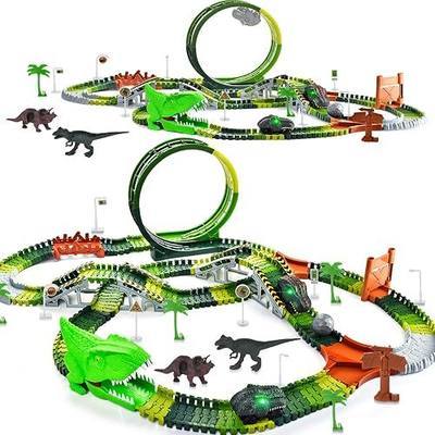 Dinosaur Toys for Kids 3-5, 286 Pcs Create A Dinosaur Toys Race Car for Toddlers, Flexible Track Playset with 2 Dinosaur Cars, Dinosaur Party Favors for 3 4 5 6 Year Old Boys Birthday Gift