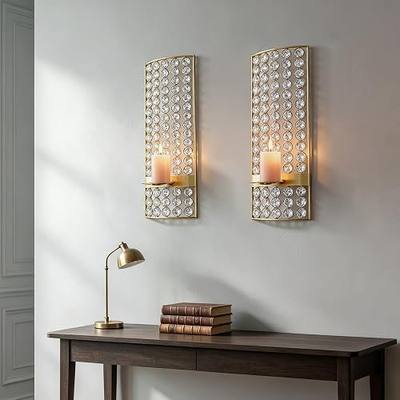 2 Set Glam Wall Candle Sconces for Home Decor Living Room Bedroom Dining Room Metal Bling Crystal Candle Wall Sconce with Diamond Gem Decor - Gold 16.5in/5.9in
